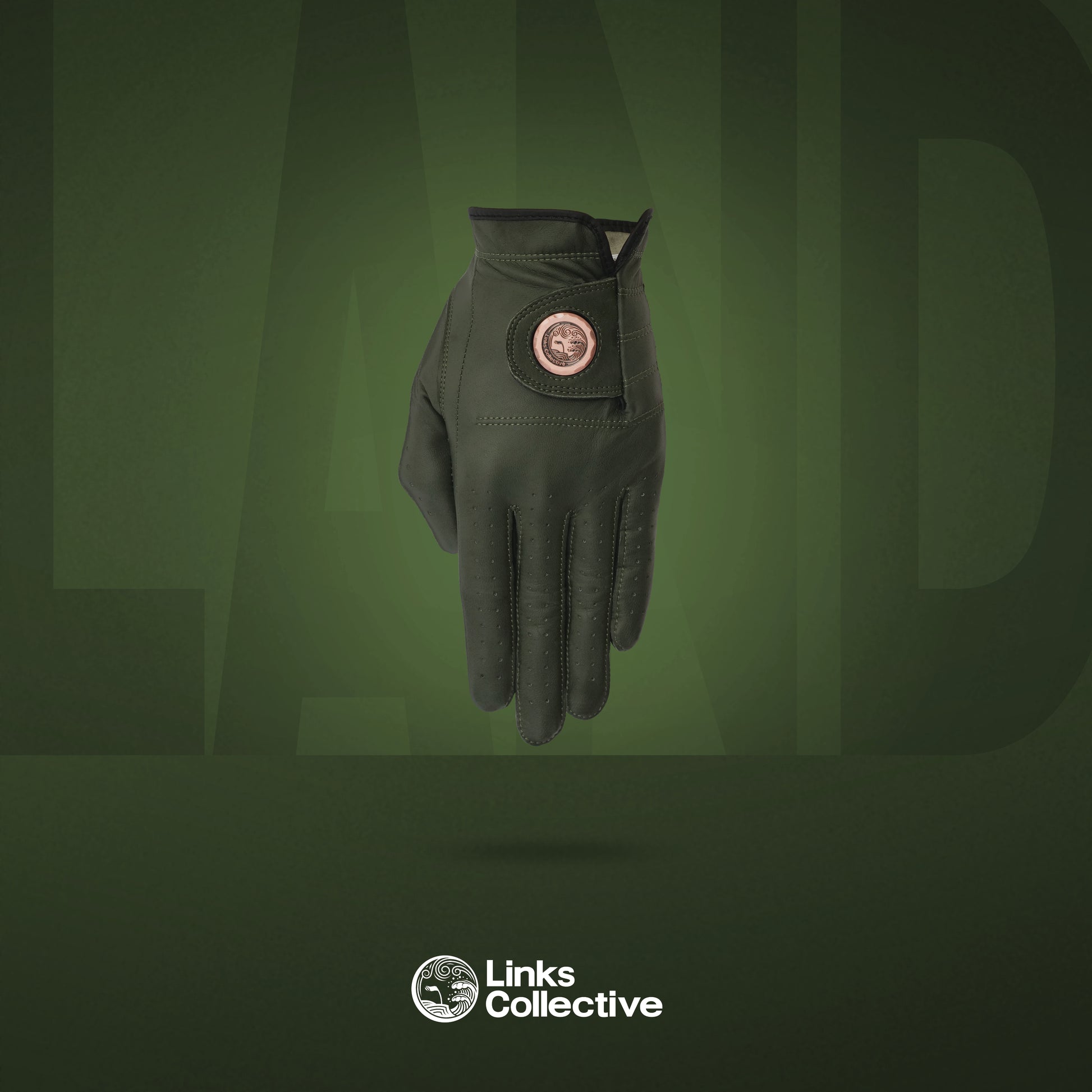 Front view of a single Links Collective men's green golf glove made from high-grade Cabretta leather.