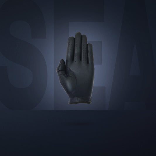 Palm view of a single Links Collective men's blue golf glove made from high-grade Cabretta leather.