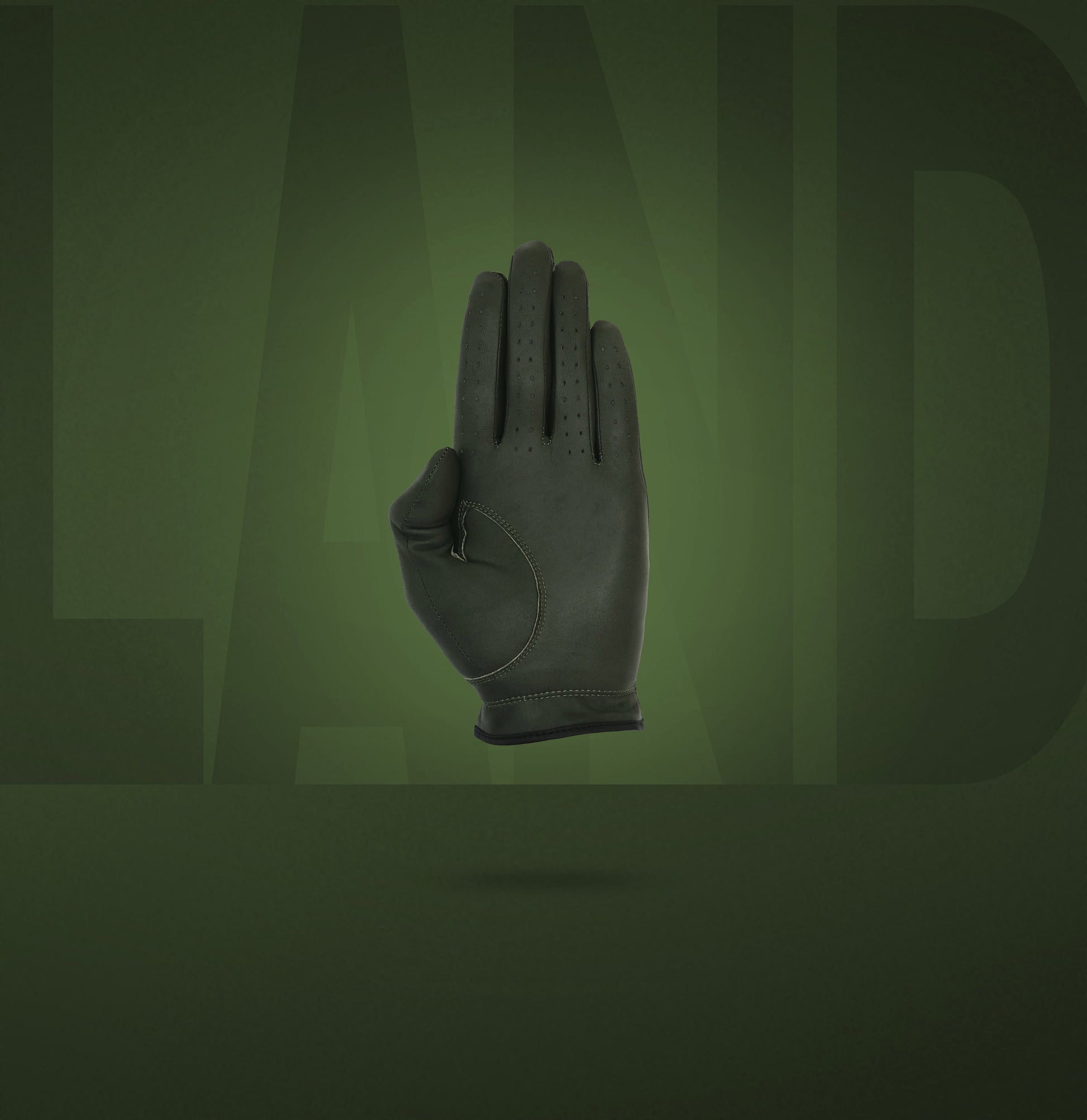 Palm view of a single Links Collective men's green golf glove made from high-grade Cabretta leather.