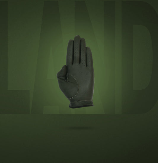 Palm view of a single Links Collective men's green golf glove made from high-grade Cabretta leather.
