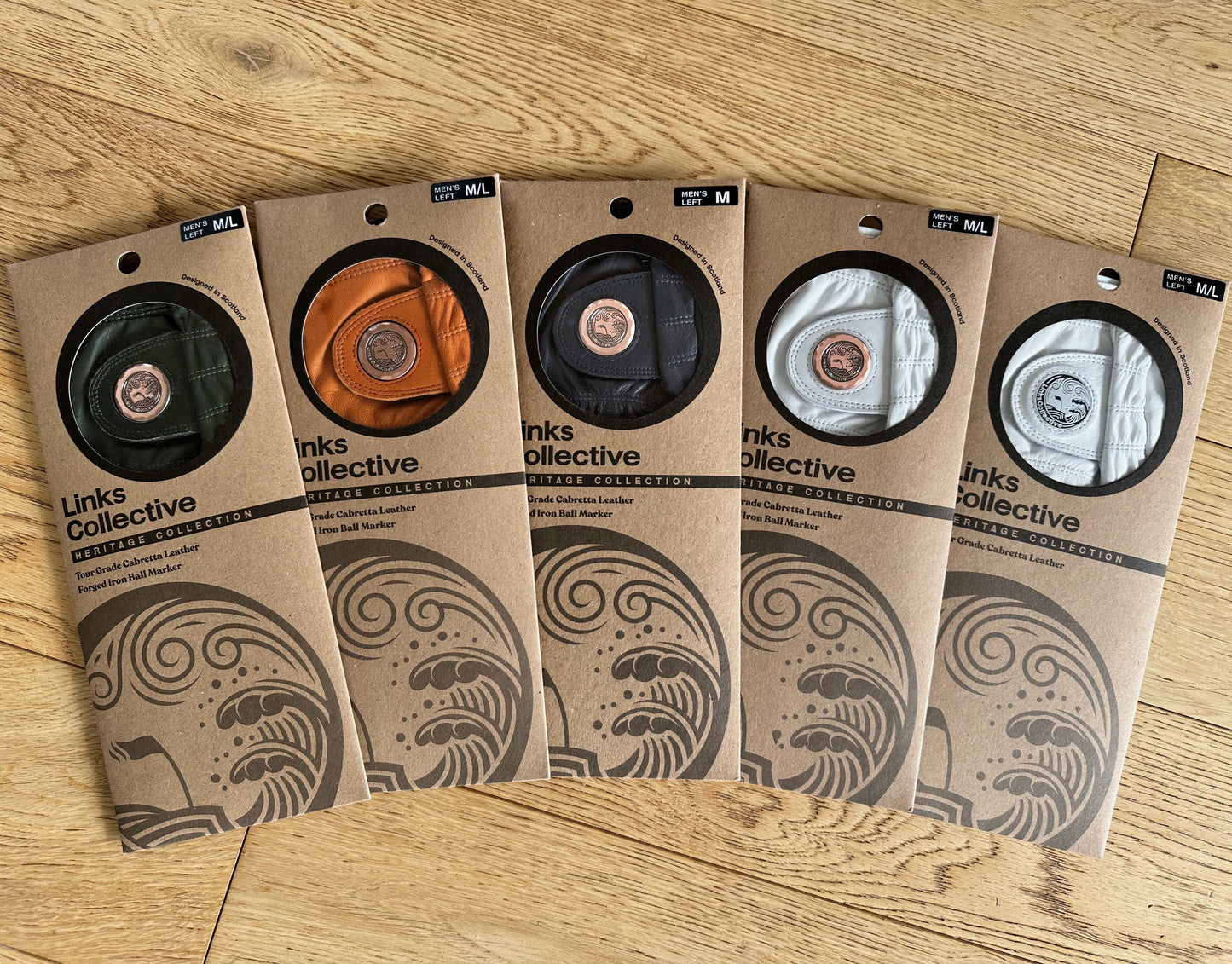 Links Collective full range of golves in all colours displaying the premium luxury packaging