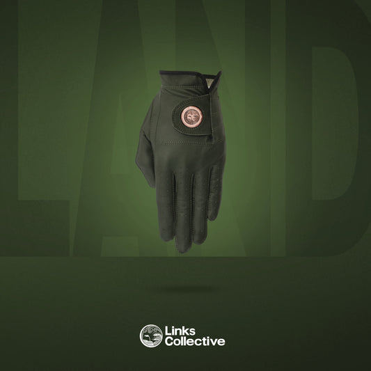 Front view of a single Links Collective men's green golf glove made from high-grade Cabretta leather.