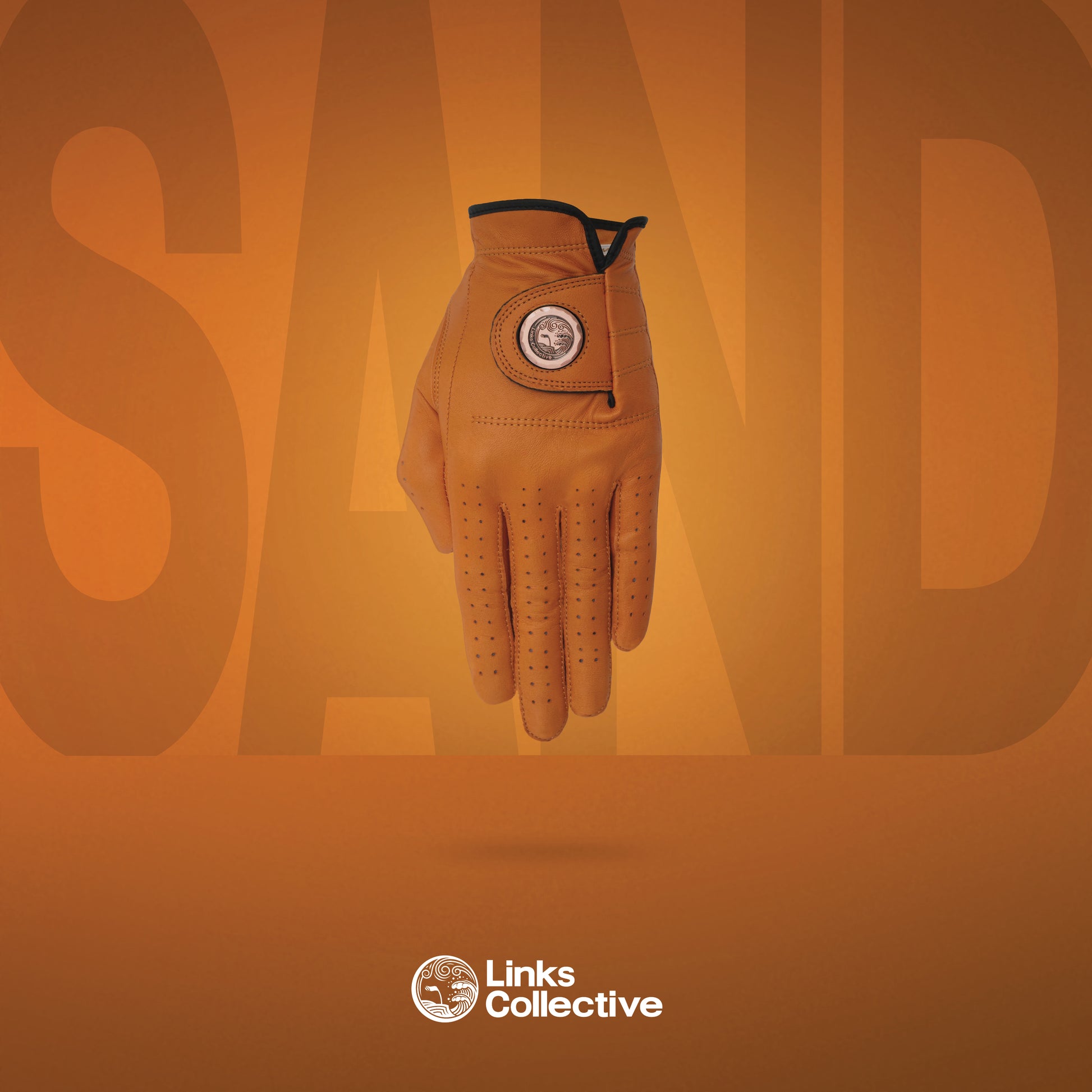 The Links Collective Glove, a tan premium golf glove on a neutral background.