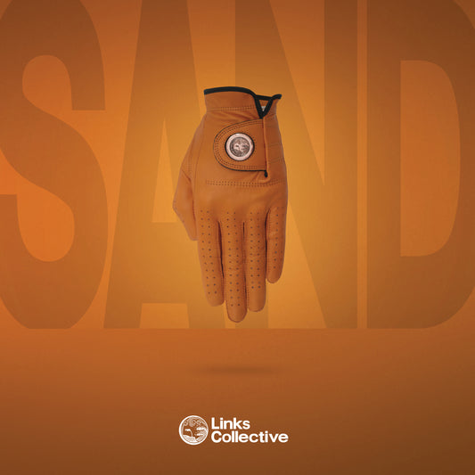 The Links Collective Glove, a tan premium golf glove on a neutral background.