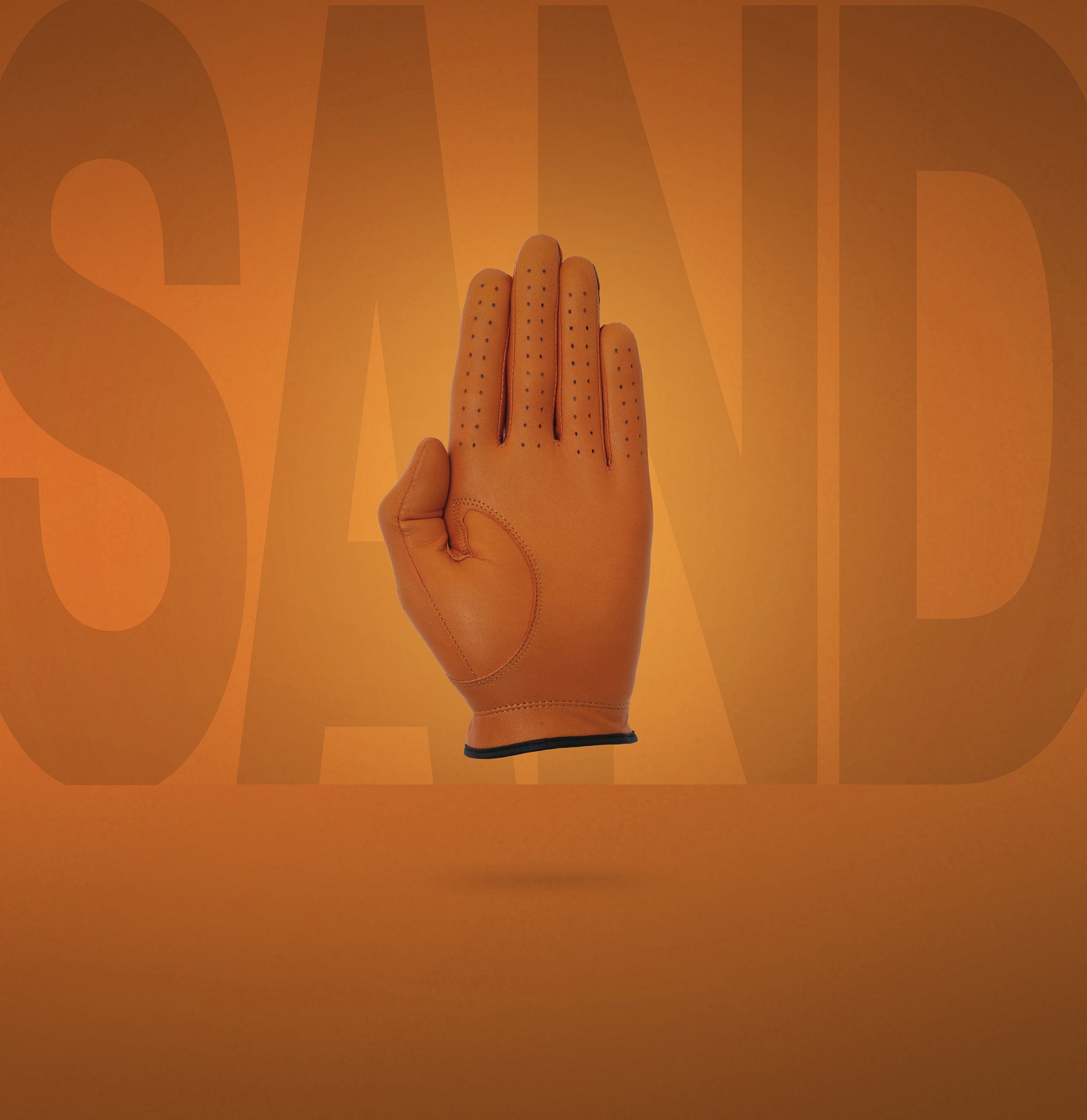 Palm view of a single Links Collective men's tan golf glove made from high-grade Cabretta leather.