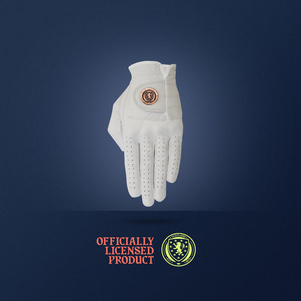 White leather golf glove on a dark blue background with 'Officially Licensed Product scottish football product and  luxury metal ball marker
