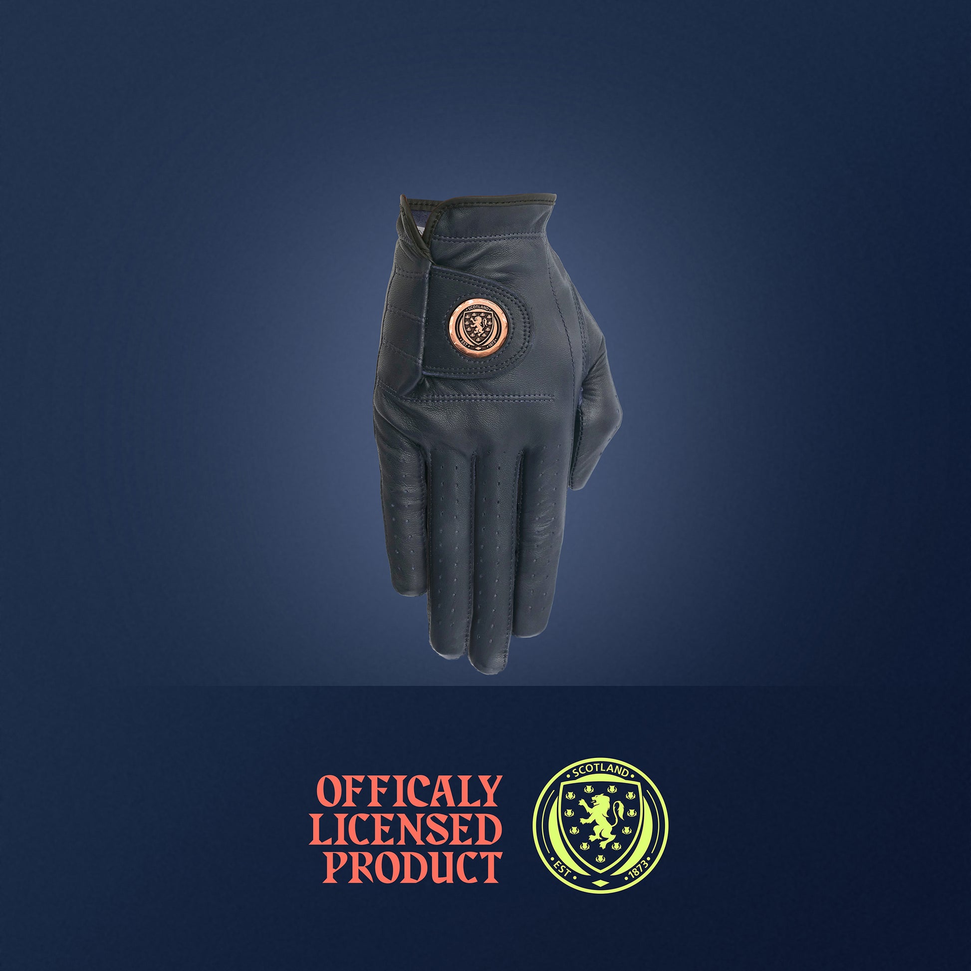 Blue leather golf glove with a Scotland national team logo on a dark blue background, featuring 'Officially Licensed Product' text.