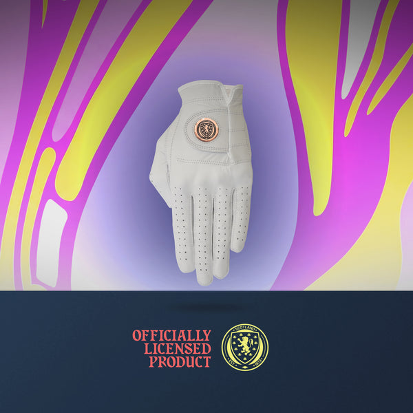 White ladies golf glove on a scotland ladies football strip abstract background with 'Officially Licensed Product' text.