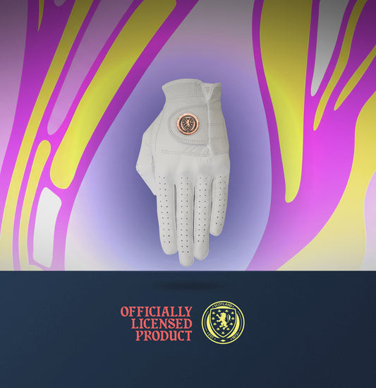 White ladies golf glove on a scotland ladies football strip abstract background with 'Officially Licensed Product' text.