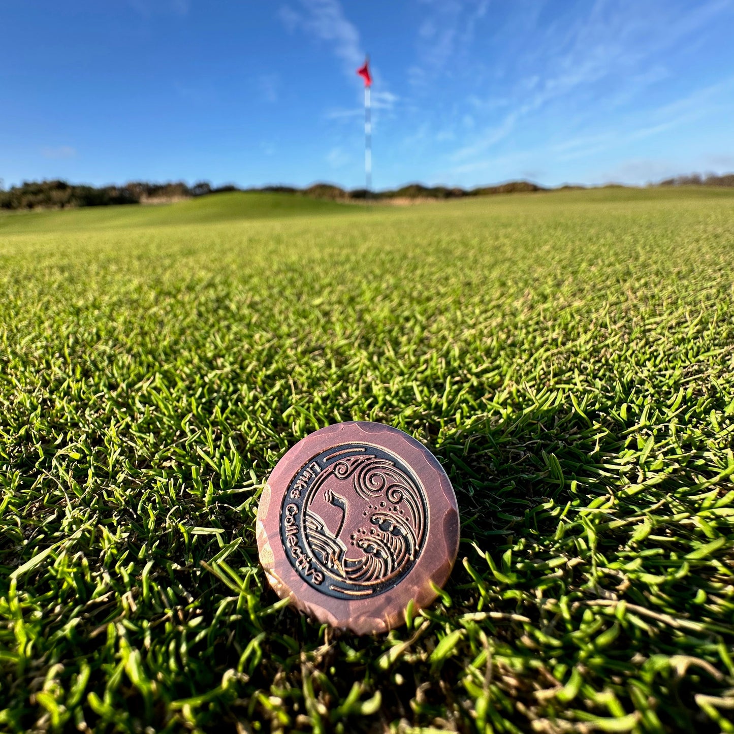 Golfer's point of view looking at a ball marker with the green and flag ahead.